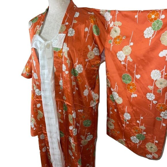 Womens Kimono One Size Orange Maxi Length Tie Front Lined Floral Embossed - Picture 5 of 16